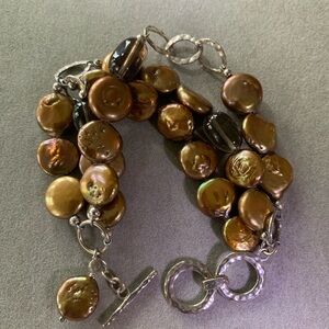 Triple Bronze Coin Pearl and Smokey Quartz Bracelet, with Sterling 925 Clasp
